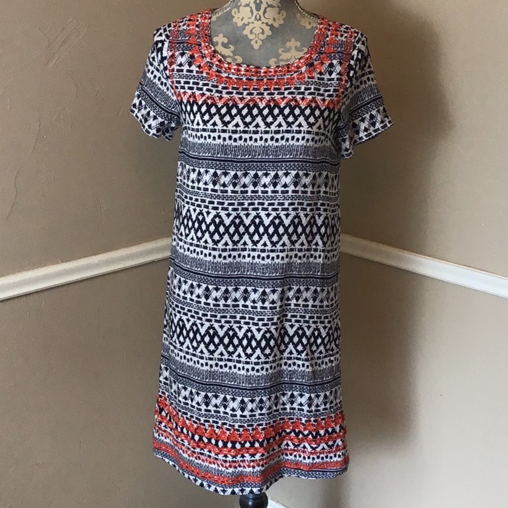 Embroidery Aztec Graphic Print Scoop Shift SSLV